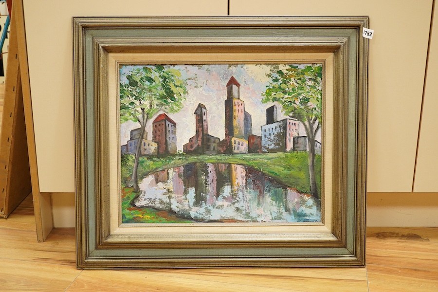 Mid century, oil on artists board, Cityscape, 39 x 50cm. Condition - good